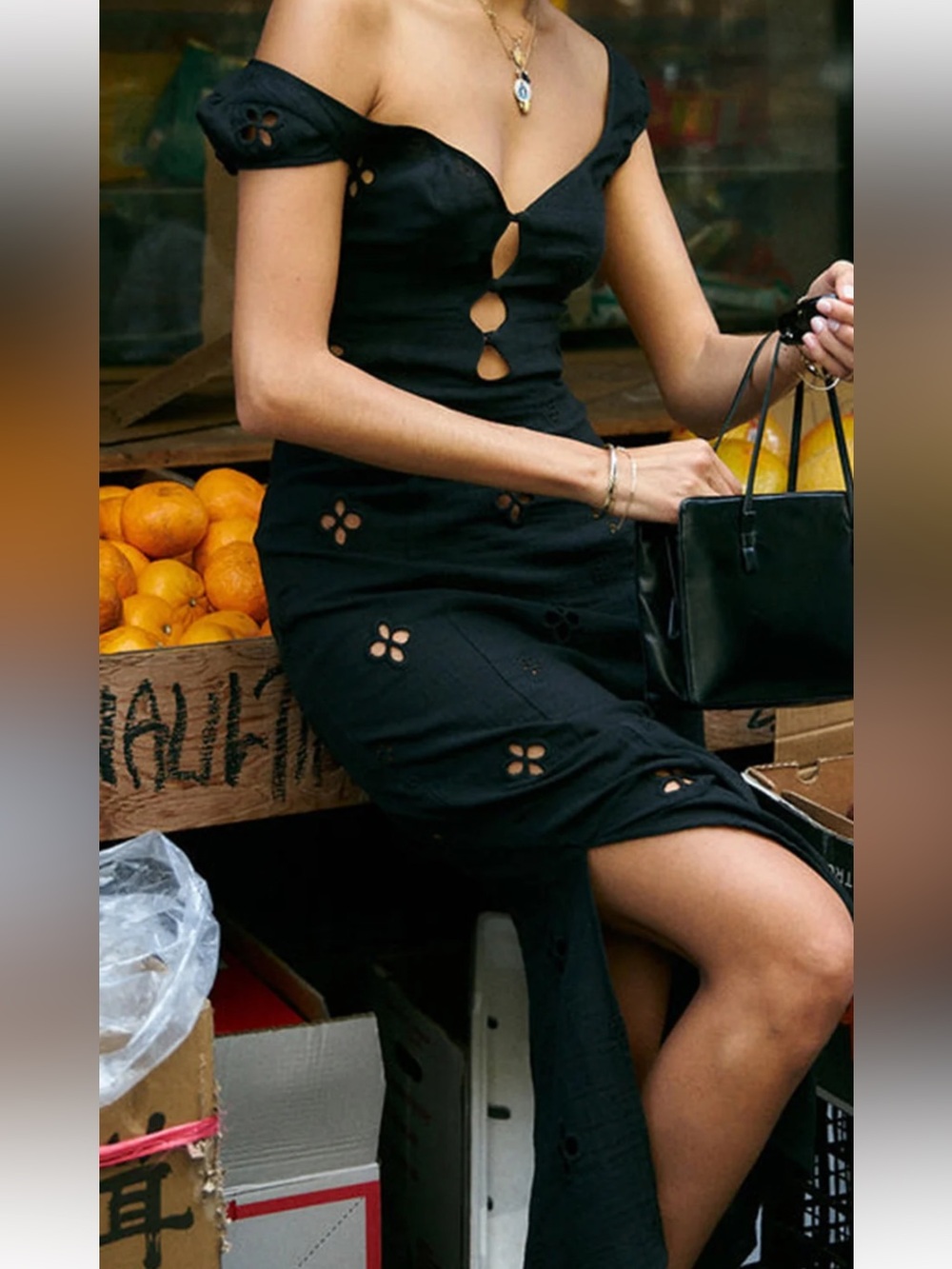 Commense Semi-Sheer Cotton Keyhole Neckline Midi Dress